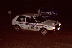 Bob Nielsen / Brenda Corneliusen VW GTI comes through the spectator corner on SS14, Perkins Road.