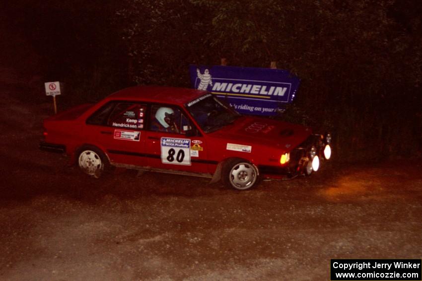 Jon Kemp / Rod Hendricksen Audi 4000 Quattro comes through the spectator corner on SS14, Perkins Road.