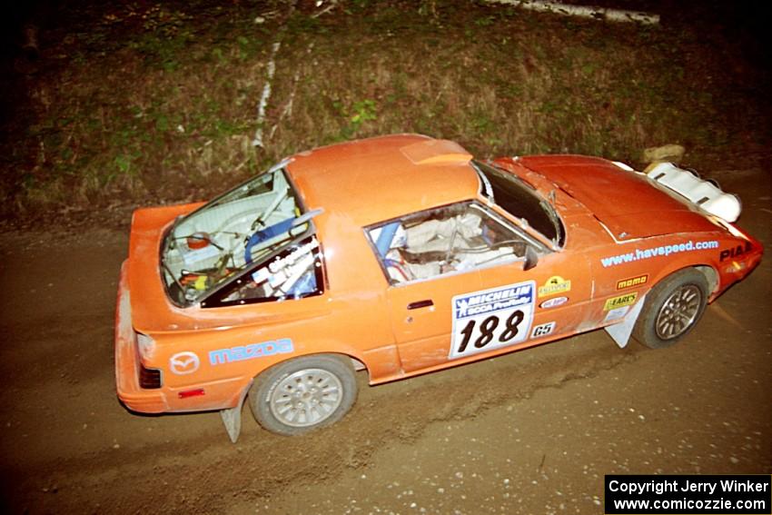 Andrew Havas / Scott Slingerland Mazda RX-7 at speed on SS8, Kabekona.