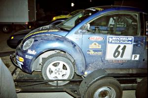 Karl Scheible / Gail McGuire VW Beetle at the end of the rally with visible front suspension damage