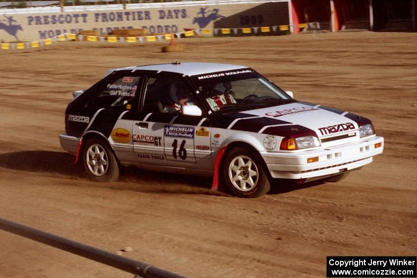 Gail Truess / Pattie Hughes Mazda 323GTX on SS1, Fairgrounds.