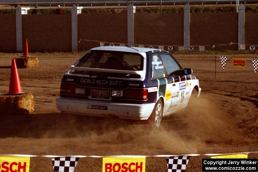 Gail Truess / Pattie Hughes Mazda 323GTX on SS1, Fairgrounds.