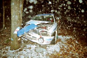 Noel Lawler / Charles Bradley Hyundai Tiburon crashed heavily into a tree at the flying finish of SS5, Passmore.