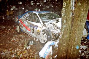 Noel Lawler / Charles Bradley Hyundai Tiburon crashed heavily into a tree at the flying finish of SS5, Passmore.