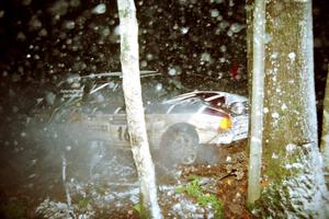 Gail Truess / Pattie Hughes Mazda 323GTX crashed heavily into a tree at the flying finish of SS5, Passmore.