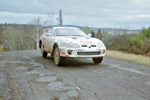 Ralph Kosmides / Joe Noyes Toyota Supra Turbo at the final yump on SS15, Brockway Mountain II.