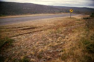 Skidmarks left by the Jim Anderson / Martin Dapot Honda Prelude VTEC after lading on SS15, Brockway Mountain II.