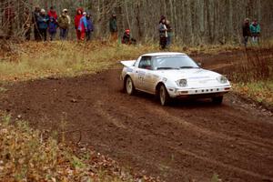 Ted Grzelak / Chris Plante Mazda RX-7 at the first turn of SS18, Gratiot Lake II.