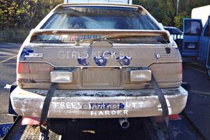 Gail Truess / Pattie Hughes Mazda 323GTX on the trailer after the rally