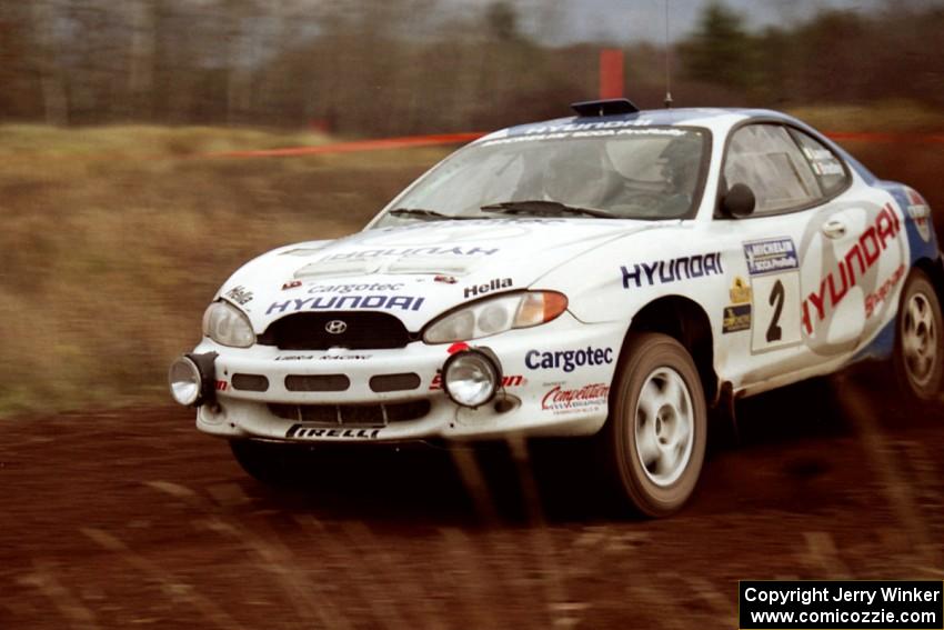 Noel Lawler / Charles Bradley Hyundai Tiburon at speed on the practice stage.