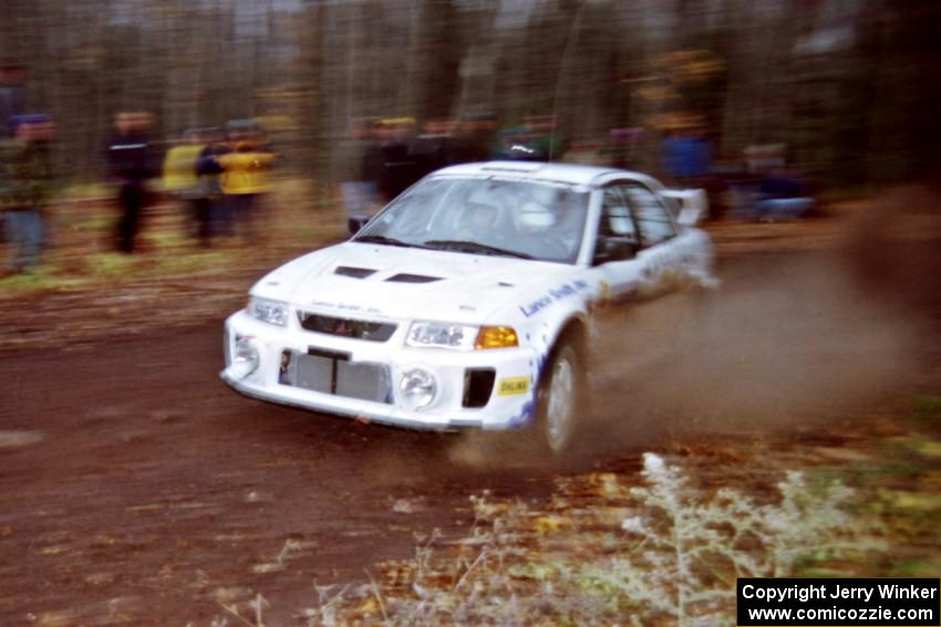 Karl Scheible / Gail McGuire Mitsubishi Lancer Evo V at the second to last corner of SS1, Beacon Hill.