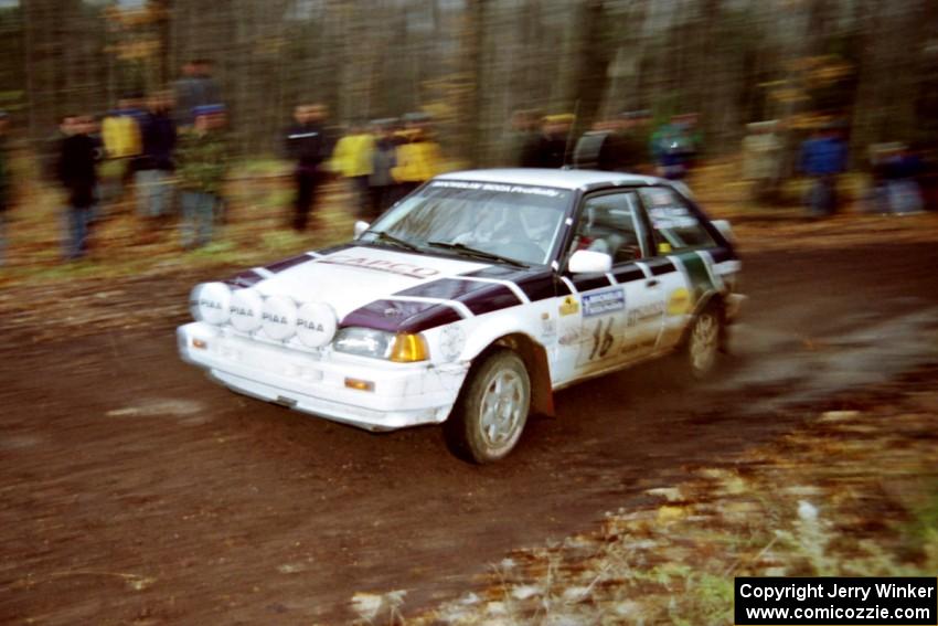 Gail Truess / Pattie Hughes Mazda 323GTX at the second to last corner of SS1, Beacon Hill.