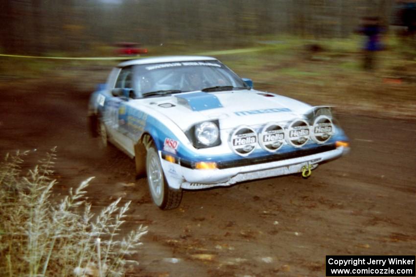 Mike Hurst / Rob Bohn Mazda RX-7 at the final corner of SS1, Beacon Hill.