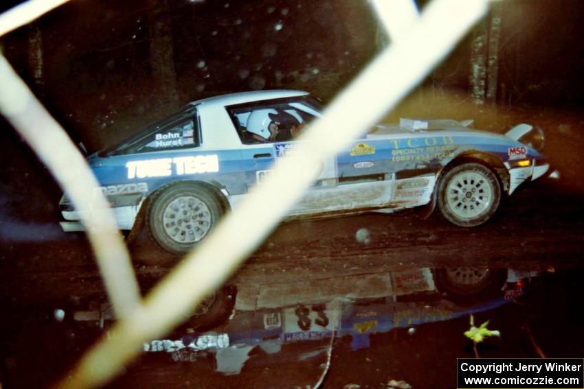 Mike Hurst / Rob Bohn Mazda RX-7 at speed on SS2, Bob Lake I.