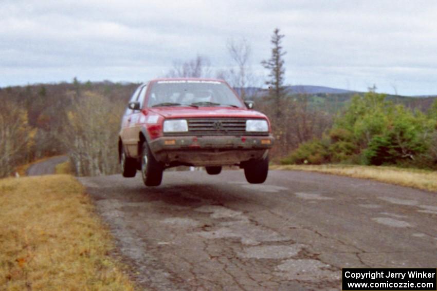 Brian Vinson / Richard Beels VW GTI at the final yump on SS14, Brockway Mountain I.