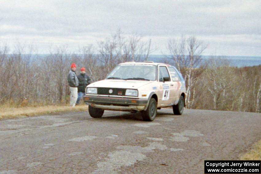 Art Burmeister / Randy Moore VW GTI at the final yump on SS14, Brockway Mountain I.