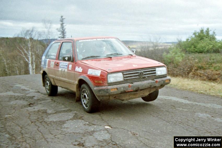 Brian Vinson / Richard Beels VW GTI at the final yump on SS15, Brockway Mountain II.