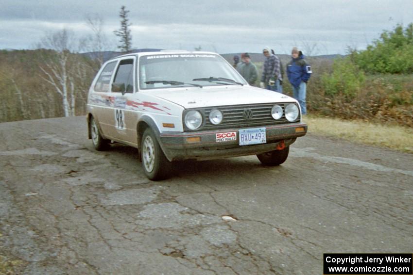 Bob Nielsen / Brenda Corneliusen VW GTI at the final yump on SS15, Brockway Mountain II.