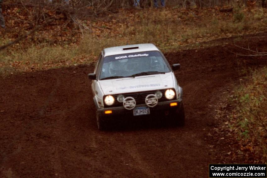 Aaron Hatz / Brendan Higgins VW GTI at the first turn of SS18, Gratiot Lake II.