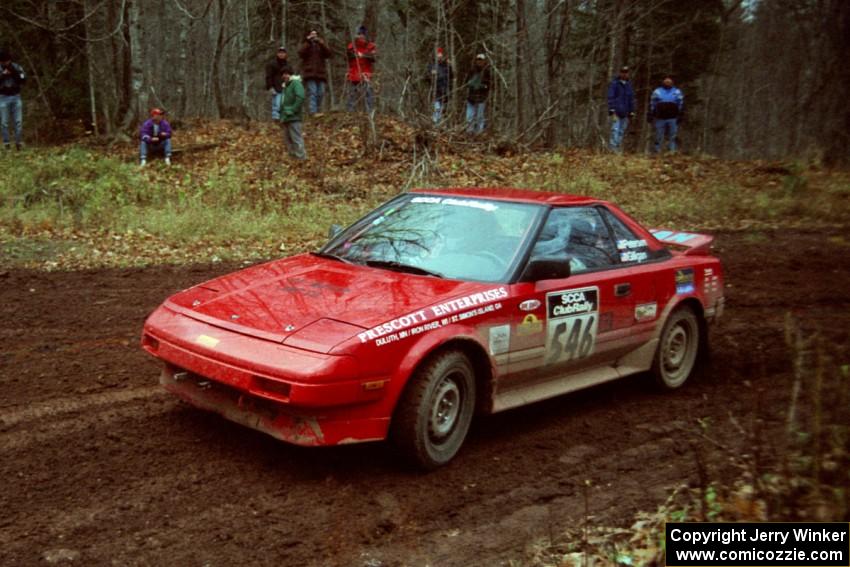 Chris Gilligan / Joe Petersen Toyota MR-2 at the first turn of SS18, Gratiot Lake II.