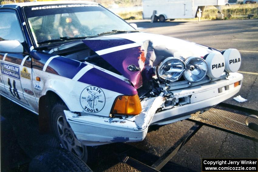 Gail Truess / Pattie Hughes Mazda 323GTX on the trailer after the rally