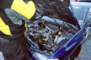 Engine bay of the Seamus Burke / Frank Cunningham Subaru WRX, the first WRX for competition in the U.S.