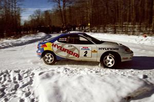 Paul Choiniere / Jeff Becker drift through the spectator corner on SS1, Hungry 5, in their Hyundai Tiburon.