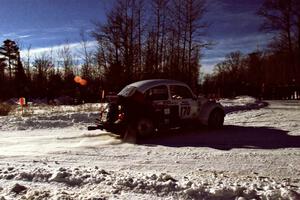 The Reny Villemure / Mike Villemure VW Beetle nearly makes a wrong turn at the Hungry 5 spectator point on SS1.