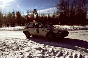 The Mark Brown / Ole Holter Toyota Corolla FX-16 sports damage to the front after tagging a bank on SS1, Hungry 5.