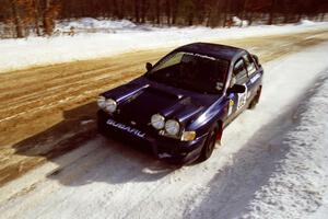 Seamus Burke / Frank Cunningham on SS5, Avery Lake I, in their Subaru WRX. They retired shortly after this stage.