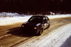 The Colin McCleery / Jeff Secor VW GTI at speed on SS5, Avery Lake I, in the morning.