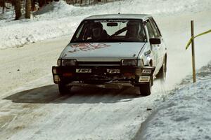 The Mark Brown / Ole Holter Toyota Corolla FX-16 at speed on SS5, Avery Lake I.