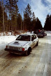 John Zoerner / John Shepski pull up to the start of SS5, Avery Lake I, in their Dodge Omni GLH-Turbo.