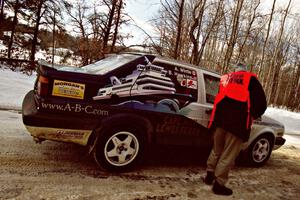 The Brad Hawkins / Adrian Wintle VW Jetta pulls into a stage start of SS5, Avery Lake I.