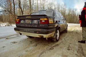 The Brad Hawkins / Adrian Wintle VW Jetta leaves the start of SS5, Avery Lake I.