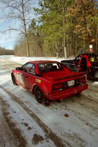 The Steve Irwin / Phil Schmidt Toyota MR2 leaves the start of SS5, Avery Lake I.