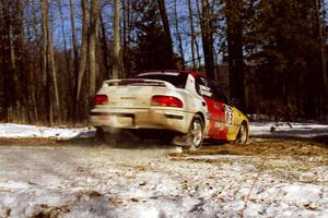 Janusz Jastrzebski / Marcin Korneluk flog their Subaru Impreza through the hairpin on SS7, Ranch II.