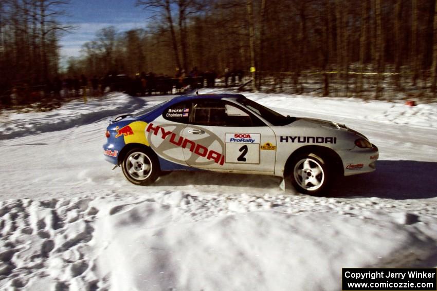 Paul Choiniere / Jeff Becker drift through the spectator corner on SS1, Hungry 5, in their Hyundai Tiburon.