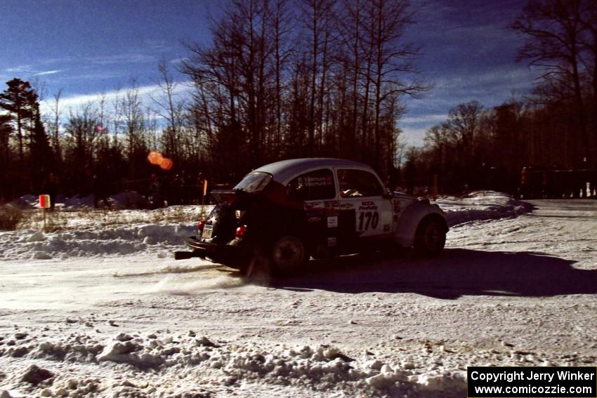 The Reny Villemure / Mike Villemure VW Beetle nearly makes a wrong turn at the Hungry 5 spectator point on SS1.