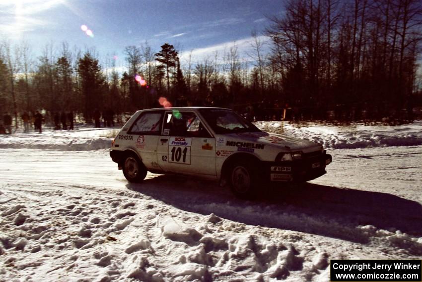The Mark Brown / Ole Holter Toyota Corolla FX-16 sports damage to the front after tagging a bank on SS1, Hungry 5.
