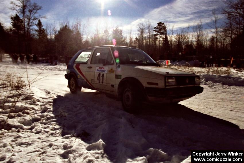 The Art Burmeister / Randy Moore VW GTI drifts past spectators on SS1, Hungry 5. They retired early.