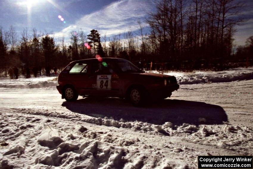 The J.B. Niday / Al Kintigh VW GTI drifts past spectators on SS1, Hungry 5.