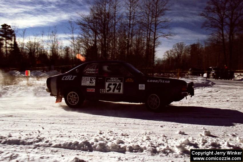 The Mark Kleckner / Al Zifilippo Dodge Colt drift past spectators on SS1, Hungry 5.