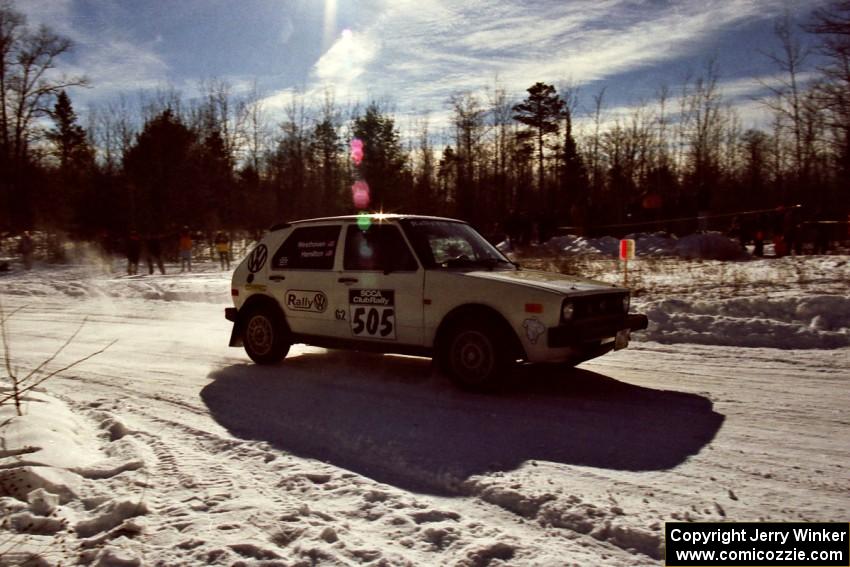 The Jon Hamilton / Josh Westhoven VW Rabbit at the spectator point on SS1, Hungry 5.