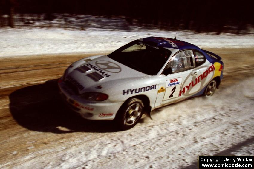 Paul Choiniere / Jeff Becker at speed on SS5, Avery Lake I, in their Hyundai Tiburon.