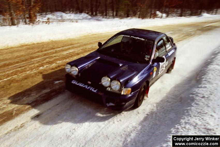 Seamus Burke / Frank Cunningham on SS5, Avery Lake I, in their Subaru WRX. They retired shortly after this stage.