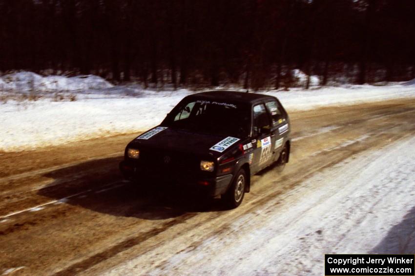 The Colin McCleery / Jeff Secor VW GTI at speed on SS5, Avery Lake I, in the morning.