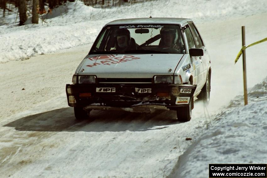 The Mark Brown / Ole Holter Toyota Corolla FX-16 at speed on SS5, Avery Lake I.