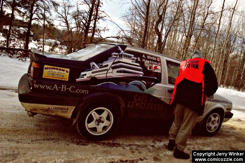 The Brad Hawkins / Adrian Wintle VW Jetta pulls into a stage start of SS5, Avery Lake I.