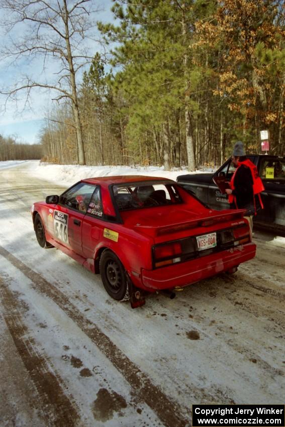 The Steve Irwin / Phil Schmidt Toyota MR2 leaves the start of SS5, Avery Lake I.